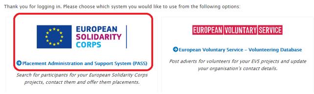 3) Vyberte "European Solidarity Corps PASS" ze seznamu online nástrojů.