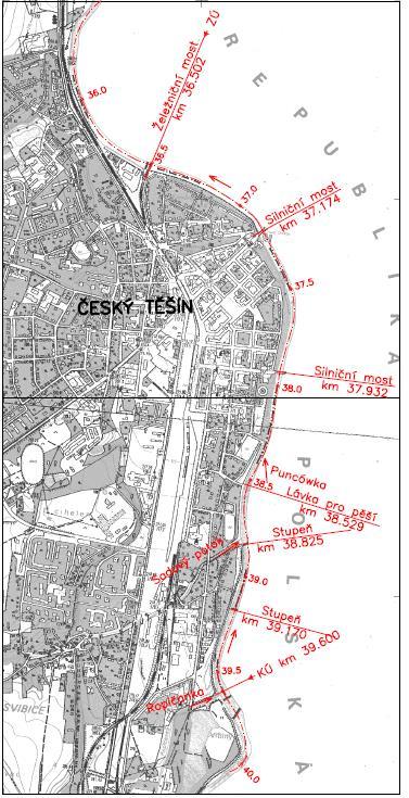3 Podrobný popis zájmové oblasti Posuzovanou částí vodního toku Olše je úsek protékající městy Český Těšín a Těšín, ohraničený na dolním úseku železničním mostem (km 36.