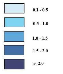 Obrázek 28 Klasifikace barev a intervalů hloubek [m] [A2] Při modelování průtoku s dobou opakování pět let nebyly v obou přístupech nalezeny při vyhodnocení hloubek vody žádné patřičné rozdíly.