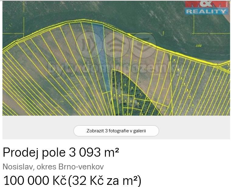 Ve srovnání s touto nabídkou odhaduji porovnávací hodnotu oceňovaného pozemku, s přihlédnutím k jeho výměře, pravděpodobně lepší kvalitě a využitelnosti, na: 15,00 Kč/m 2 požadována je cena 24,00