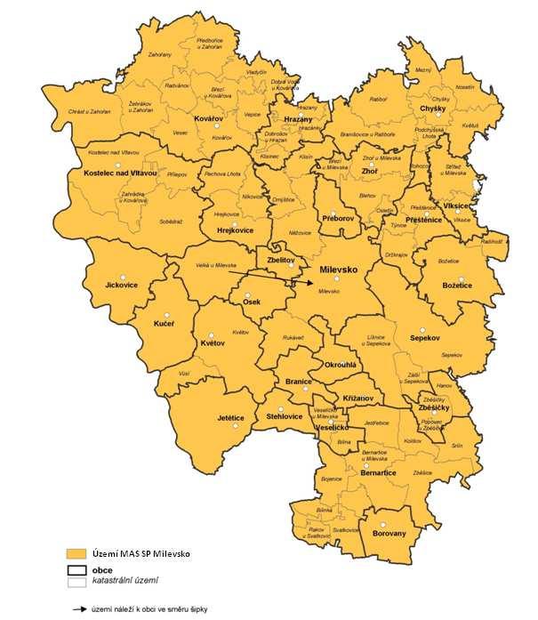 Region Milevsko a rozmístění obcí v regionu znázorňuje kartogram 1.