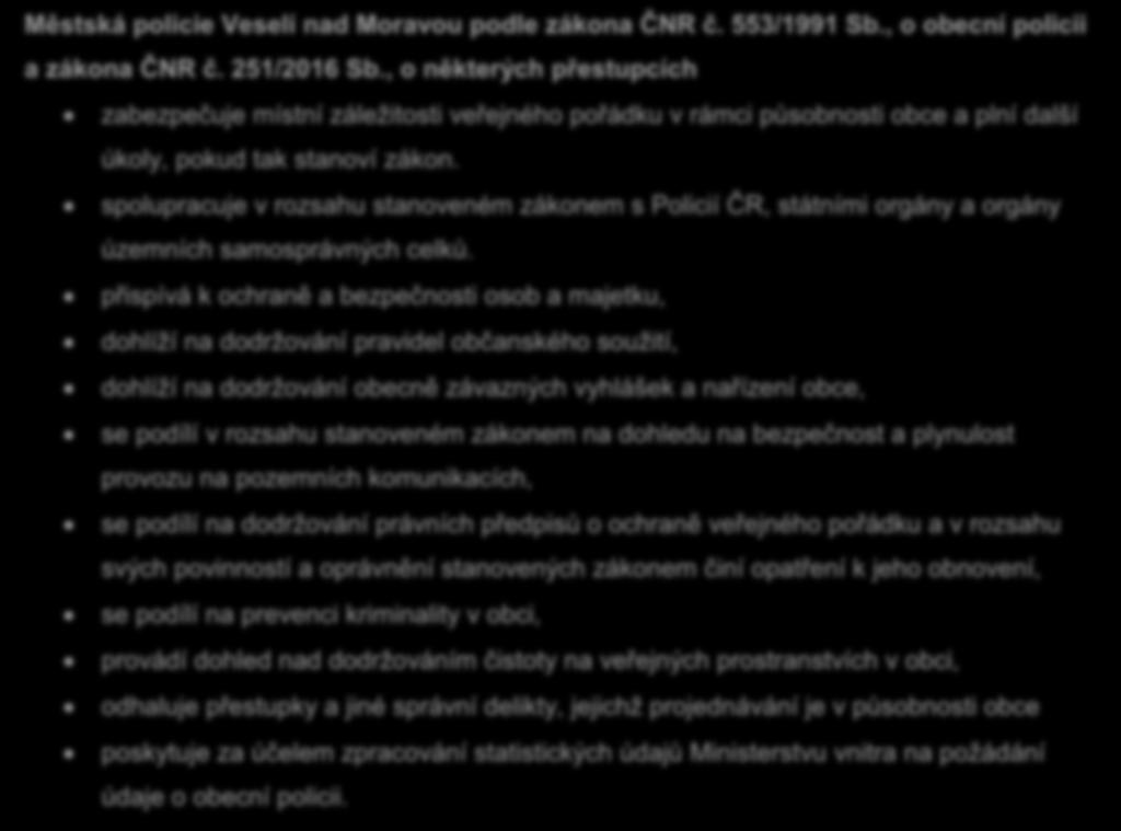 PŘEHLED ČINNOSTI STANOVENÉ ZÁKONEM Městská policie Veselí nad Moravou podle zákona ČNR č. 553/1991 Sb., o obecní policii a zákona ČNR č. 251/2016 Sb.