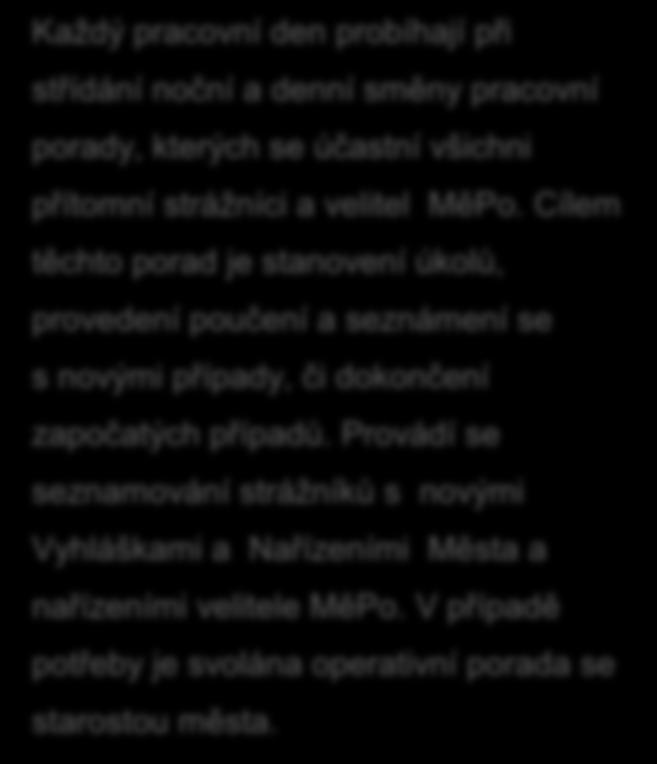 Každý pracovní den probíhají při střídání noční a denní směny pracovní porady, kterých se