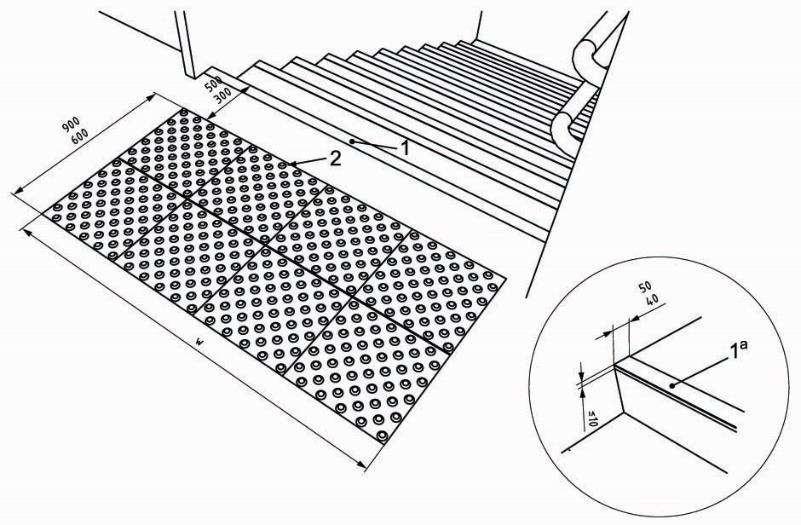 ČSN P ISO 21542 příklad 13.5 Vizuální a hmatové kontrasty Mezi krajními stupni schodišťového ramene a podestou musí být vizuální kontrast (viz 35.1).