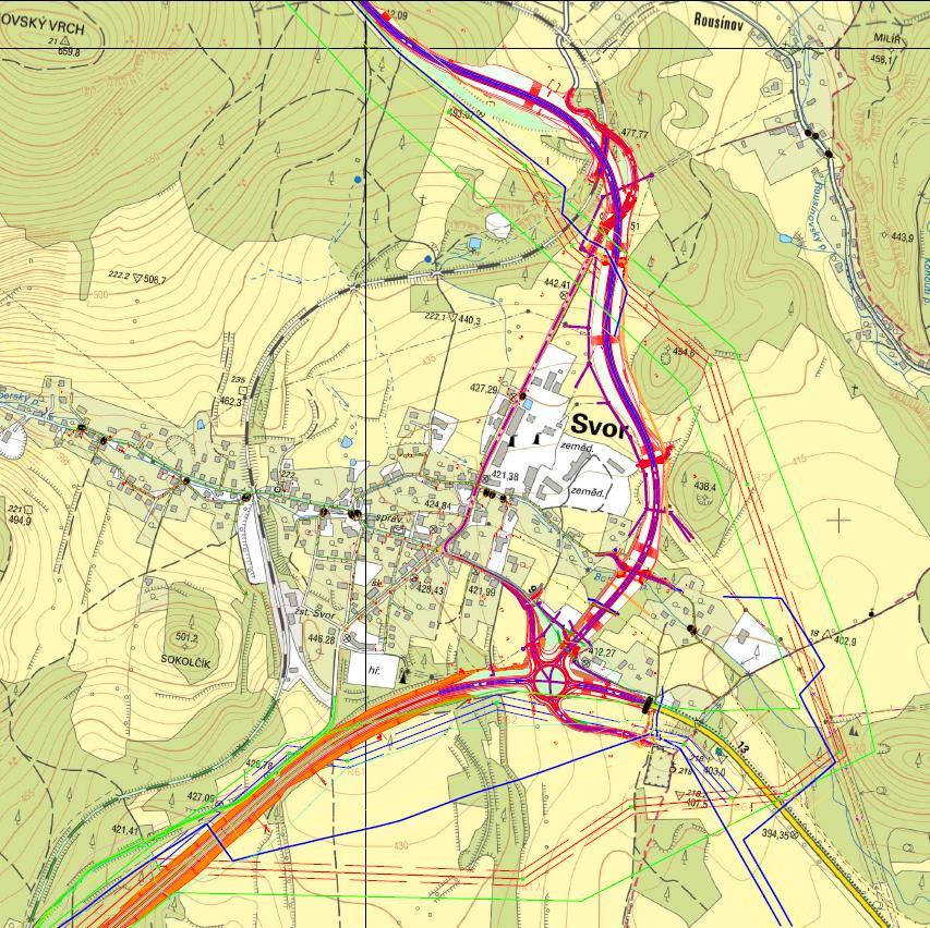 Trasa kolem Svoru Jih Svoru obchází trasa ve dvou variantách, které vyplynuly z požadavků dotčených orgánů a obce v závěru ZŘ a vychází z prostorových možností v souvislosti s výstavbou obchvatu obce