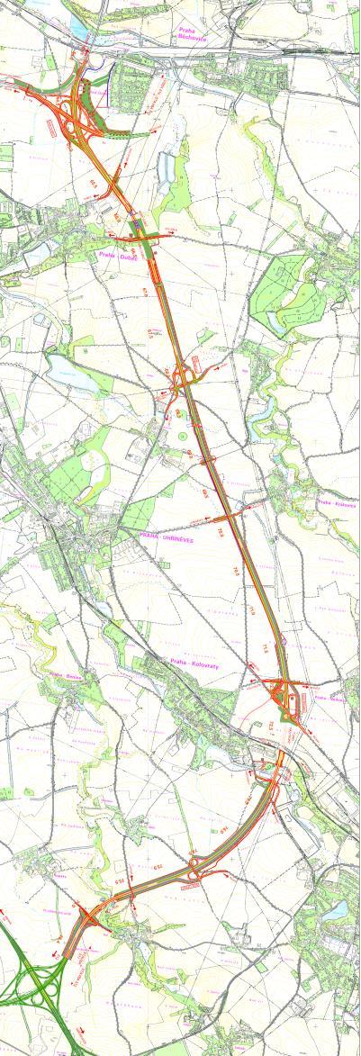 Silniční okruh kolem Prahy stavba 511 Běchovice D1 Základní údaje o stavbě Hlavní trasa: délka 12,571 km kategorie D 34,5/100 (3+3 jízdní pruhy) V