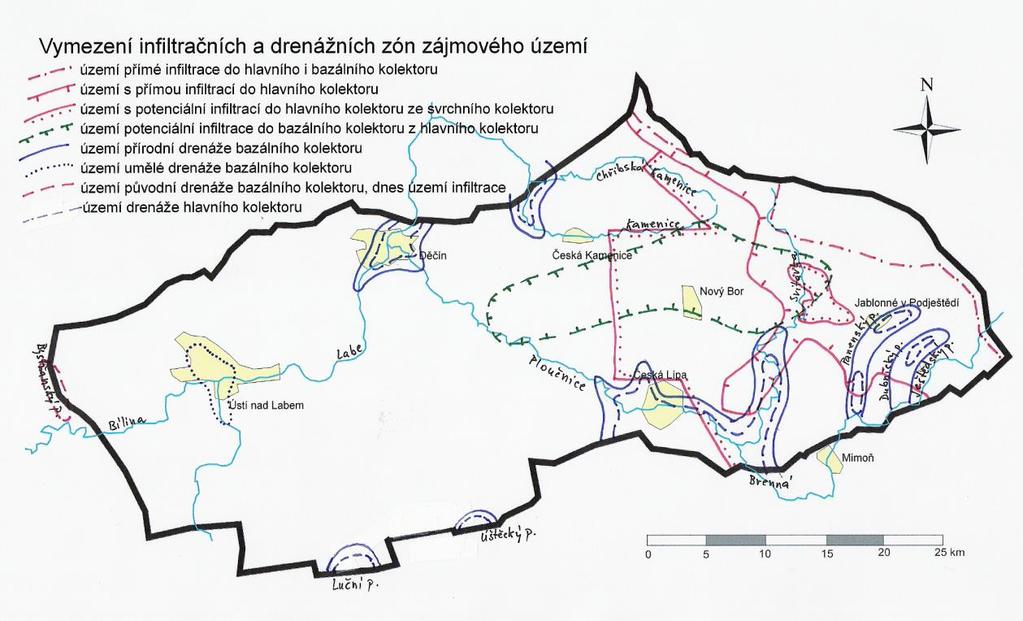 Obrázek 4-16 Vymezení infiltračních a drenážních zón v širším okolí zájmového území (podle Datla 2008) Děčínsko-kamenická drenážní oblast Okolí Děčína bylo již za přírodních poměrů regionální zónou