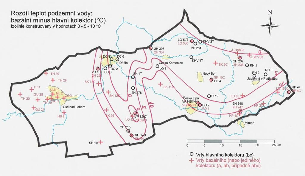 Jak vyplývá z obrázku 4-19, jako čisté drenážní zóny termálních vod, tzn. s teplotami přes 25 C, můžeme brát dnes jen ústecký a děčínský prostor.