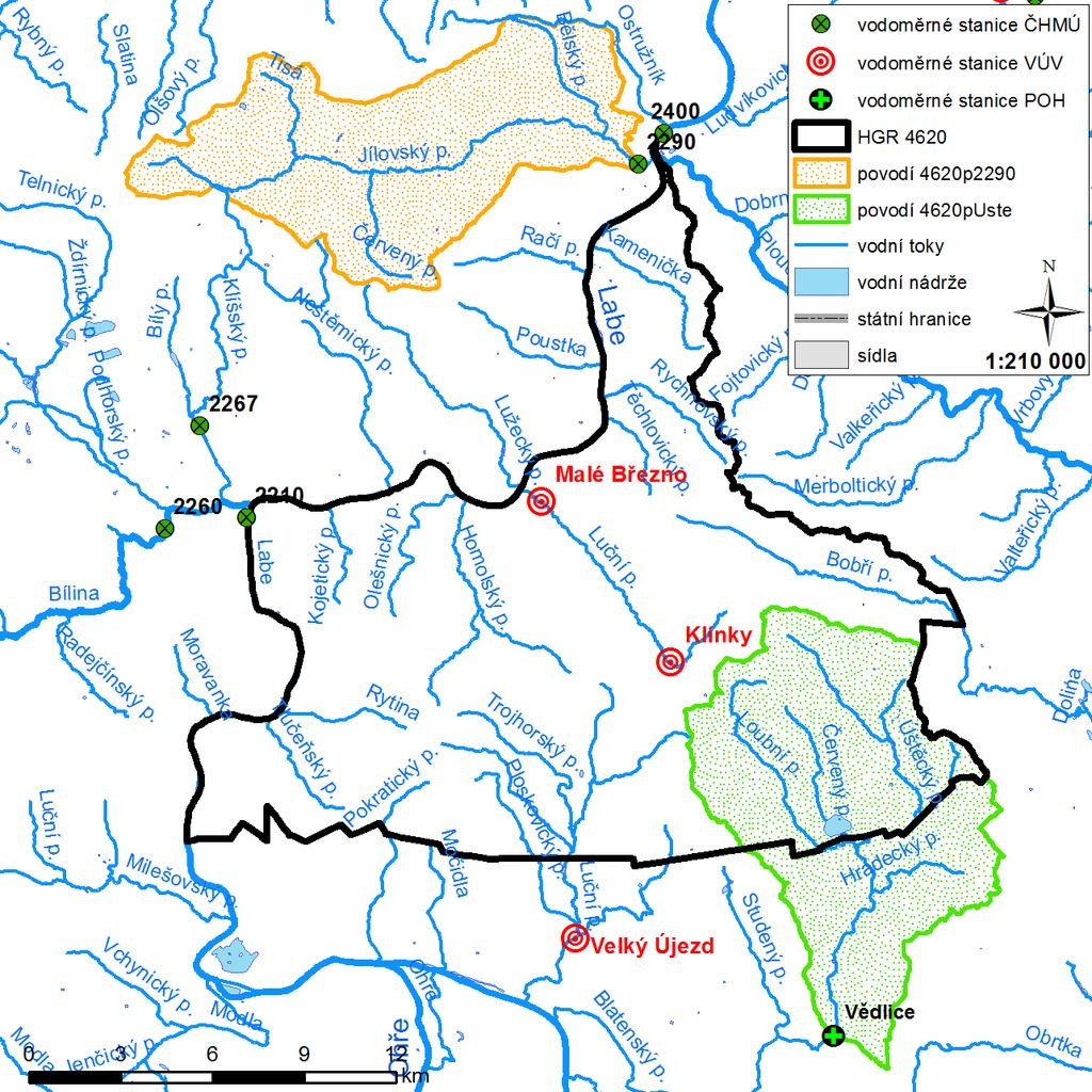 . 6. MODELOVÉ VÝPOČTY ZÁSOB PODZEMNÍCH VOD 6.1. HYDROLOGICKÝ MODEL Obrázek 6-1 Lokalizace zájmové oblasti s polohou relevantních vodoměrných stanic VÚV a ČHMÚ.