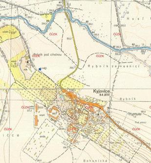 Územní plán Kyjovice - odůvodnění Z topografické mapy v systému S-1952 je patrna nepravidelná struktura zástavby, domy jsou stavěny nahodile, avšak původní zástavbu lze sledovat obdobně jako v mapě