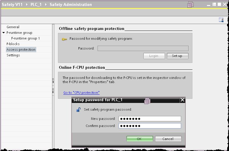 Pro F-CPU V Device a Network view během konfigurace F-CPU v Properties -> "Protection",