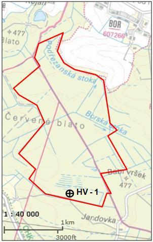 Obr. 4.1 Umístění vrtu HV 1 (mapy.nature.cz) Obr. 4.2 Geologický popis vrtu HV 1 (Kroupa 1947) Při východním okraji se nalézají červené jíly křídového stáří.
