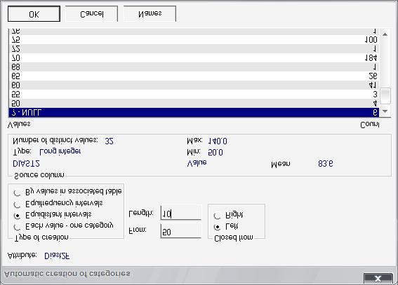 Obrázek 5.13: DataSource ekvidistantní automatické generování Druhou možností(obrázek 5.13) je ekvidistantní rozdělení hodnot do kategorií. V každé kategorii je poté interval se stejnou délkou.