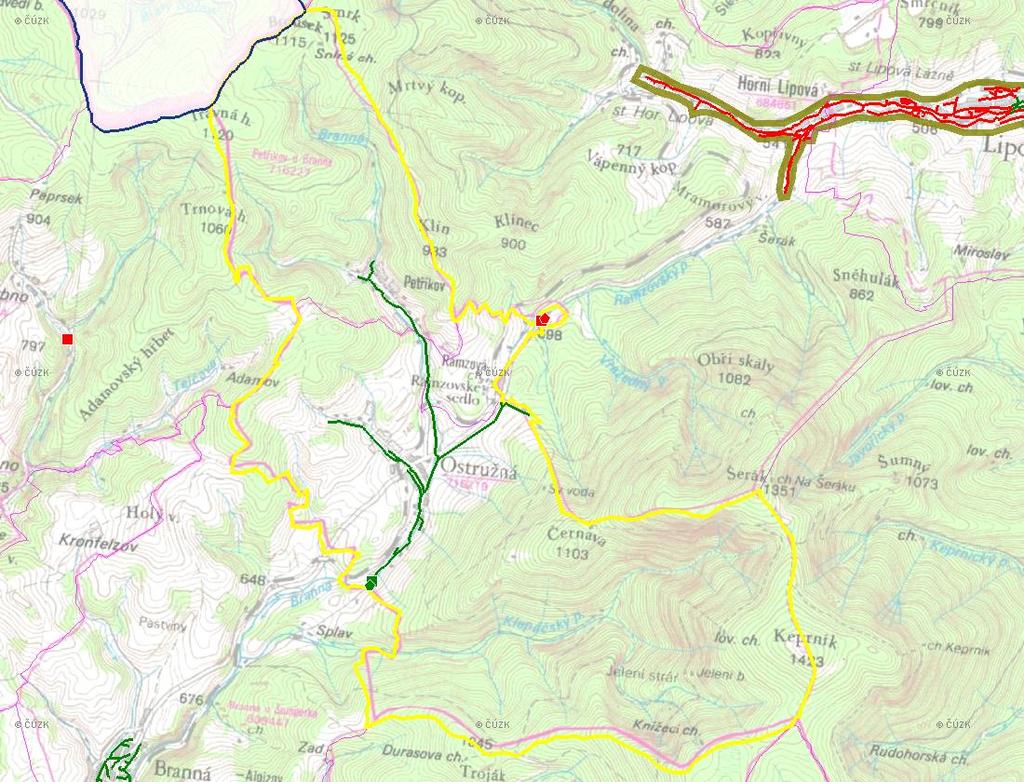 E. KANALIZACE A ČOV Mapa E1: Kanalizace - rozvody v obci Trasování sítí, lokalizace ČOV, čerpací stanice (ČS), výústě Obec: Ostružná Legenda: Kanalizace: Ochranné pásmo: Vyústění: do 2015 po 2015 I