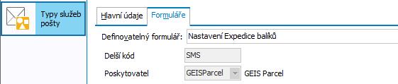 3.3 TYPY OBSAHŮ ODESLANÉ POŠTY Nastavení se provádí na definovatelném formuláři Nastavení Expedice balíků. Příklad nastavení pro poskytovatele PPL Momentálně využito jen pro poskytovatele PPL.