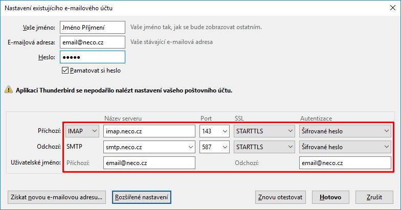 V dalším kroku vyplňte adresy a porty používaných IMAP a