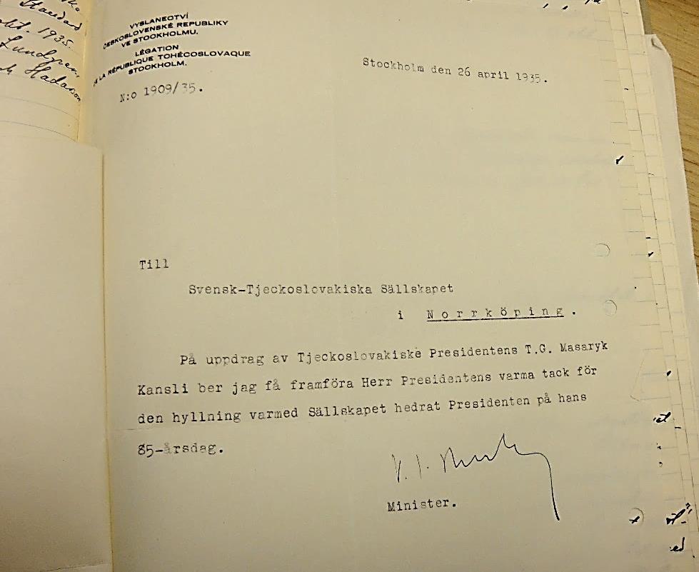 6 Děkovný dopis od Velvyslanectví Československé republiky ve Stockholmu ze dne 26. 4. 1935: Z pověření Československého prezidenta T. G.