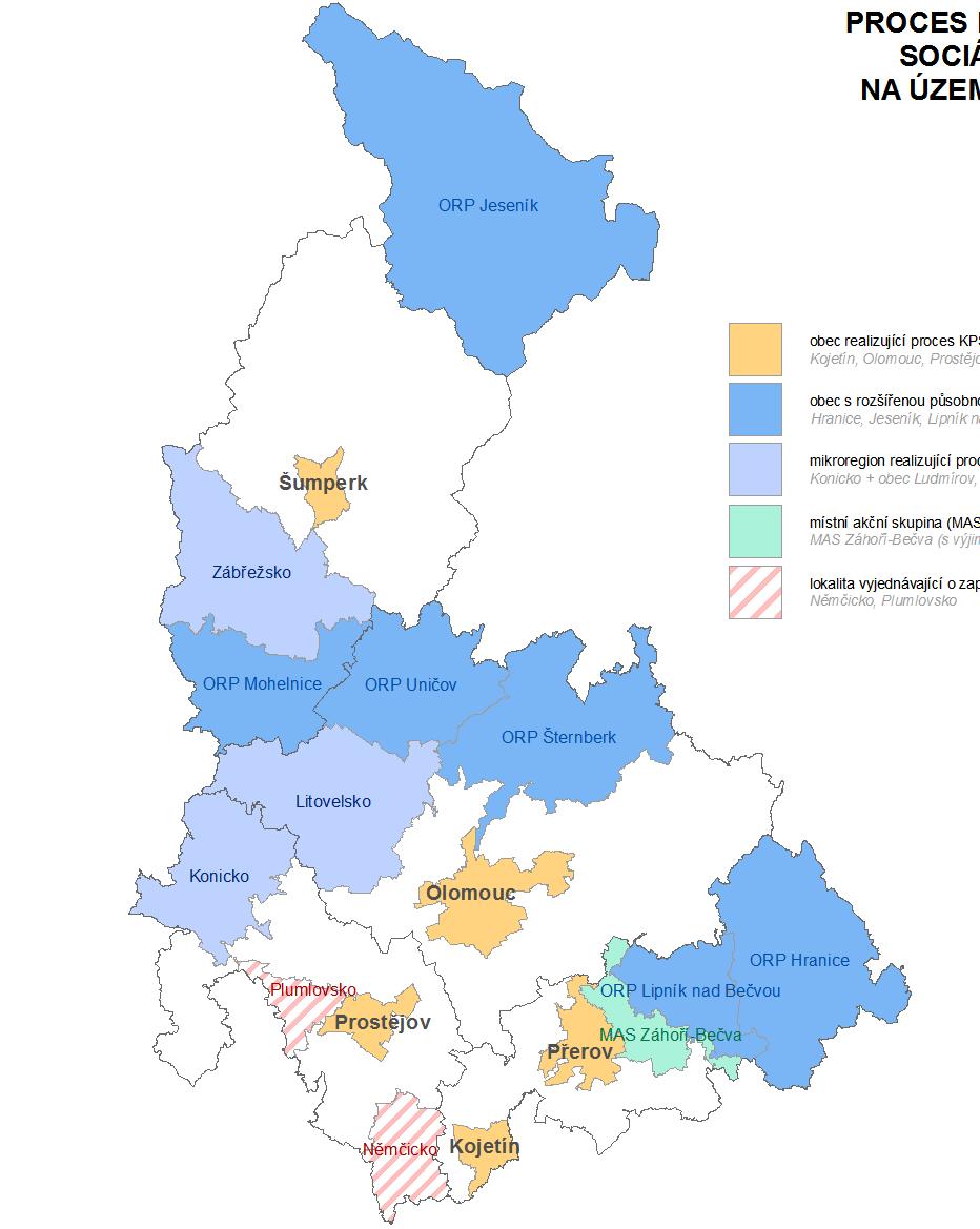 PROCES KOMUNITNÍHO PLÁNOVÁNÍ SOCIÁLNÍCH SLUŽEB (KPSS) NA ÚZEMÍ OLOMOUCKÉHO KRAJE obec realizující proces KPSS jen na svém ůzemí Kojetín, Olomouc, Prostějov, Přerov, Šumperk obec s rozšířenou