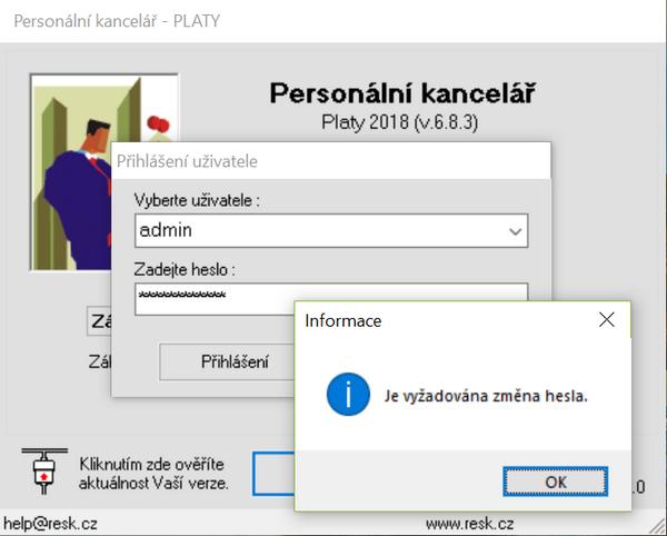 První přihlášení do programu: Vaše původní heslo bylo aktualizací smazáno. Přihlásíte se jako admin.