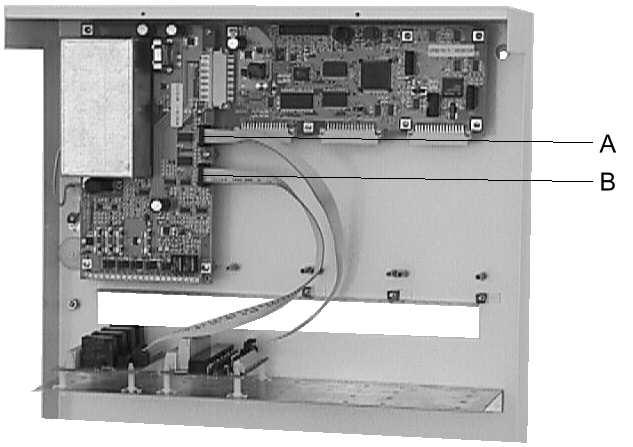 obr.13: instalace reléových modulů RL58-1 na standardní montážní držák a připojení do konektoru ST1 a ST2 na desce zdroje NTB216-1 A konektor ST2 B konektor ST1 Při připojování reléových modulů typu