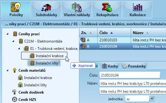 Jak co v OCEP udělat 195 V případě, že při tažení položky je nad skupinou v členění zobrazena šipka s textem "+ Kopírovat", je možno pustit levé tlačítko myši, čímž dojde k přenosu položky (nebo