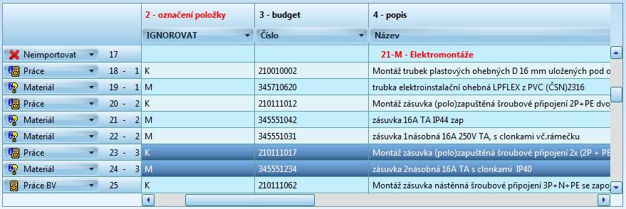 206 prvním levém pevném sloupci tabulky. Text "BV" u položek znamená položku práce/materiálu/ dodávky bez vazeb (samostatnou položku).