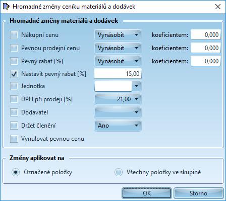 78 Hromadné změny ceníku materiálů a dodávek: Nákupní cena - nákupní cenu položek (materiálů a dodávek) můžeme vynásobit nebo vydělit zadaným koeficientem Pevná prodejní cena - pevnou prodejní cenu