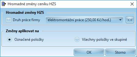 Jak co v OCEP udělat 79 Hromadné změny ceníku HZS: Druh práce firmy - umožní nastavit jinou hodinovou cenu práce položek HZS ze stávajících položek číselníku Druhu prací firmy, nebo založením nového