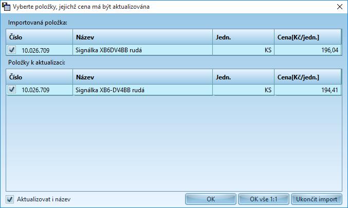 82 Pokud se provádí aktualizace cen, a vyhledané položky se shodují v čísle i v názvu, provede program aktualizaci automaticky.