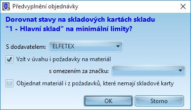 96 Stiskem tlačítka "OK" potvrzujeme automatické předvyplnění objednávky položkami na skladových kartách, které mají stav pod nastaveným limitem (nastavuje se v detailu skladové karty).