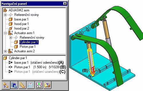 Lekce 8 Nastavitelné a pevné sestavy Zbývající vazba souose se součástí piston.par:1 (C) byla umístěna v podsestavě, je pouze ke čtení a nelze ji upravovat v aktuální sestavě.