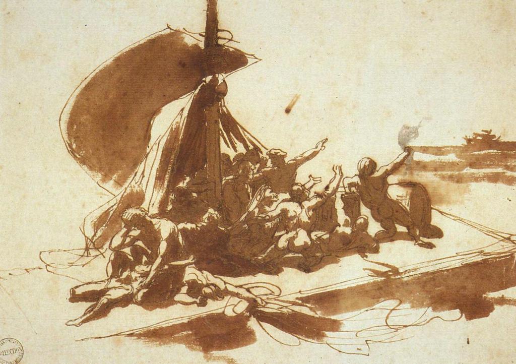 Théodor Géricault (1791-1824), Prám Medúzy - studie, lavírovaná kresba