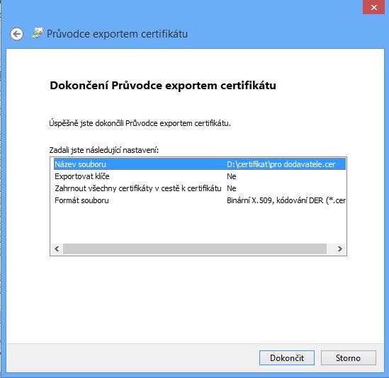 3.4. Zvolte název a umístění certifikátu. Zkontrolujte, že má certifikát příponu.cer 3.