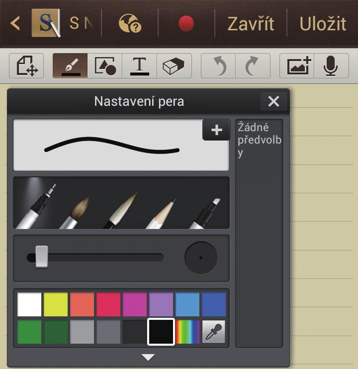 Změna tloušťky čáry. Uložení aktuálního nastavení jako profilu pera. Vytváření hlasového záznamu pro vložení. Vložení multimediálního souboru. Změna barvy pera.