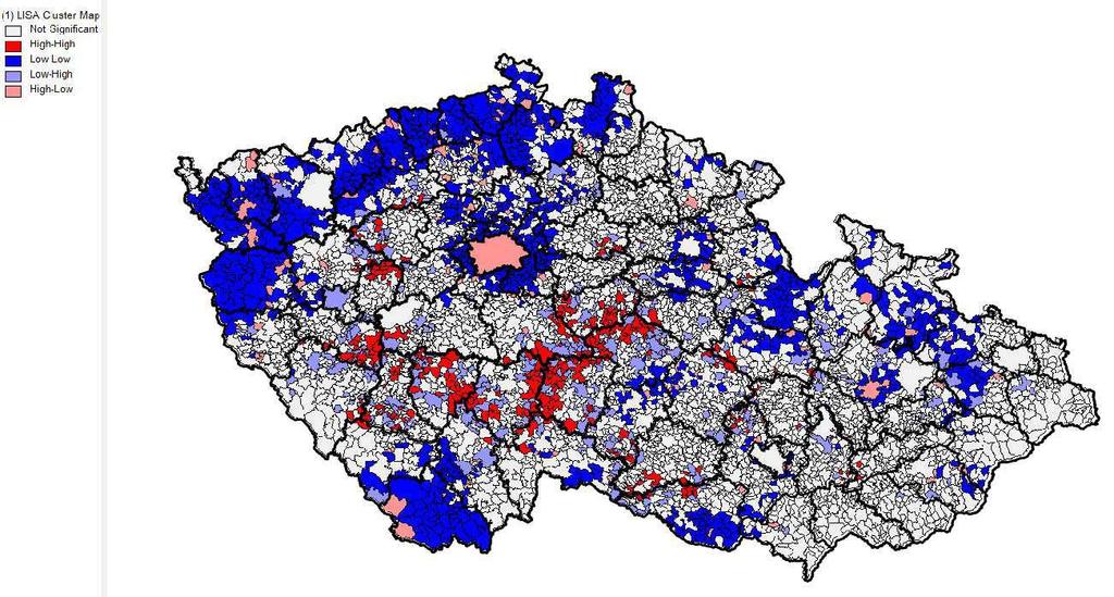 Mapa č. 1 Index stáří v České republice, rok 2008 Index stáří je nejvyšší v místech, kde výrazně převažuje podíl osob nad 65 let nad dětskou populací a v mapě je graficky znázorněn červenou barvou.
