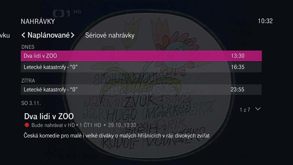 Nahrané pořady si můžete seřadit podle abecedy v záložce Podle názvu. Pokud je nahrán pořad uzamčený Rodičovským PINem, zobrazí se Zamčená obrazovka.