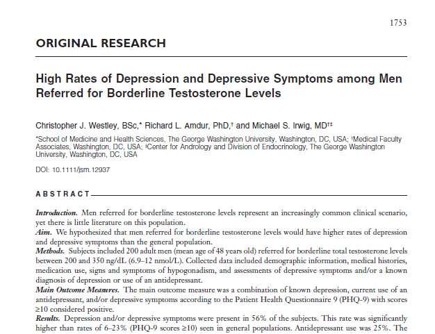 Deprese Současná /2015/ publikovaná sdělení potvrzují korelaci mezi sekundárním hypogonadismem / hypotestosteronemií a některými druhy MDD (velké depresivní poruchy) zejména u starších mužů.