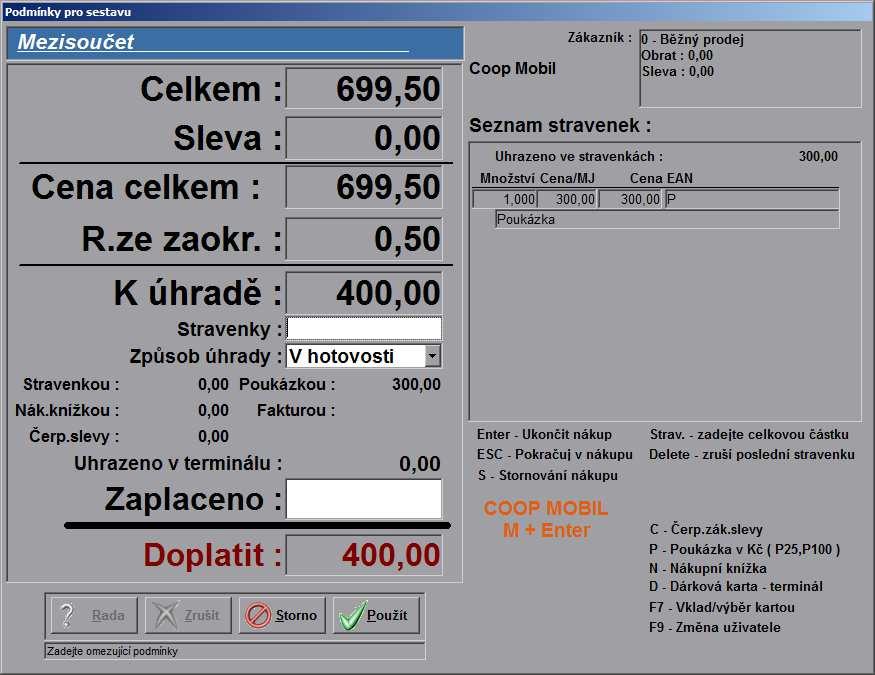 Tedy jedná se o stejný postup, jako když se uplatňují poukázky. Po zadání se Vám zobrazí v části pro zadané stravenky a poukázky informace o přijetí poukázky v hodnotě 300,-Kč.