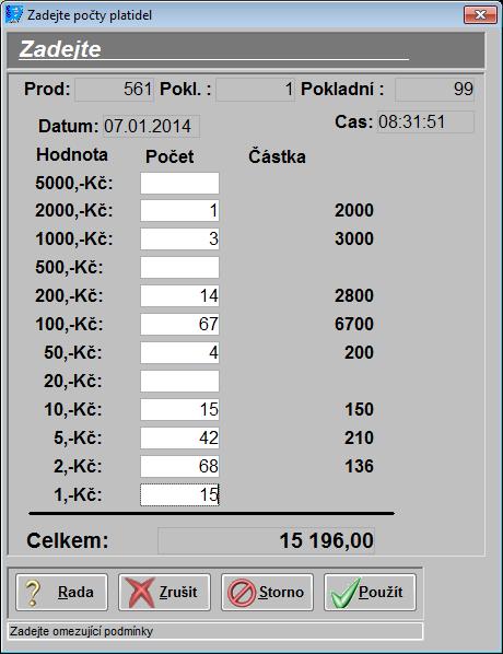 Výčetka platidel Pro snazší kontrolu hotovosti na pokladně je možné použít výčetku platidel, která sečte jednotlivé částky po nominálech a zobrazí celkový součet.