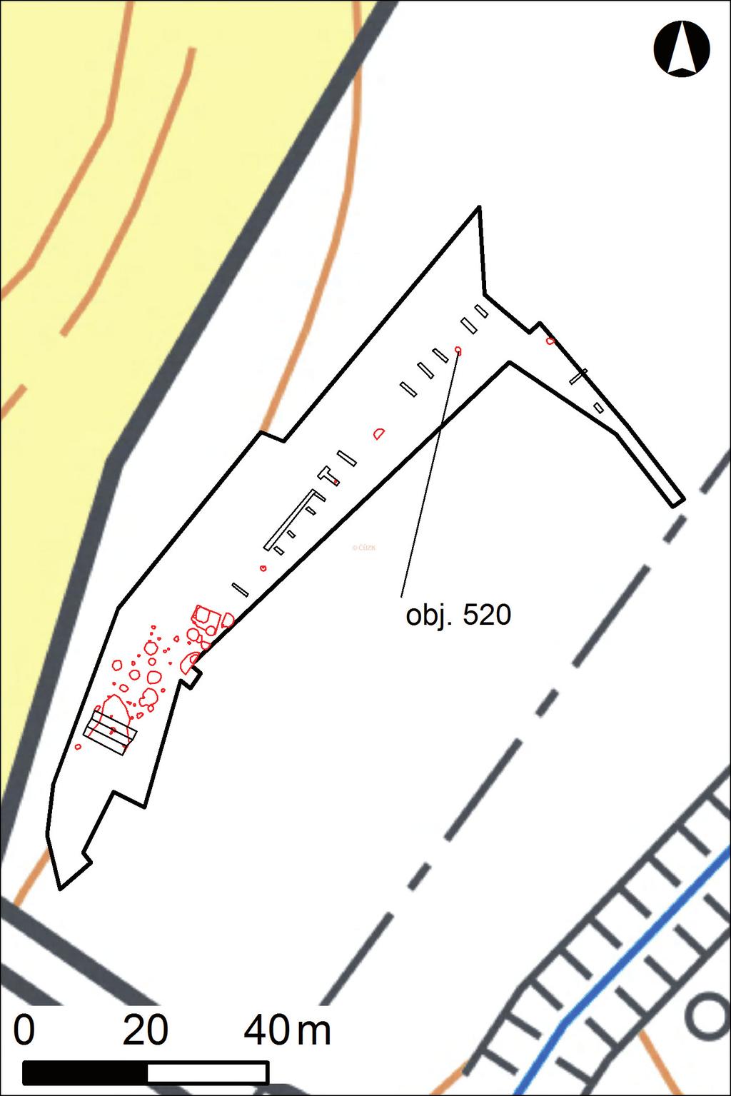 Obr. 3. Distribuce věteřovských artefaktů na lokalitě Tvrdonice Pole od Týnecka.