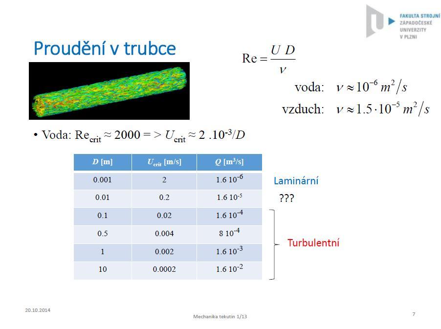 Pokud proudění probíhá v trubce, lze o něm do jisté míry rozhodnout pomocí Reynoldsova čísla. Při malých hodnotách Reynoldsova se jedná o laminární proudění.