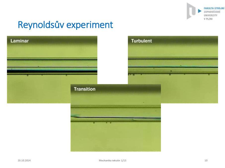 Reynoldsův experiment velmi názorně ukazuje rozdíl mezi laminárním (a) a turbulentním (b), případ (c) odpovídá okamžité situaci ( momentka ) při turbulentním proudění.