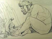 103/129 Řekové hrůzou strnuli. Strašlivá hostina jim nedala usnout. Vzývali horoucně vládce bohů Dia a prosili ho o pomoc. Odysseus uvažoval, nemá-li spícího obra probodnout mečem.