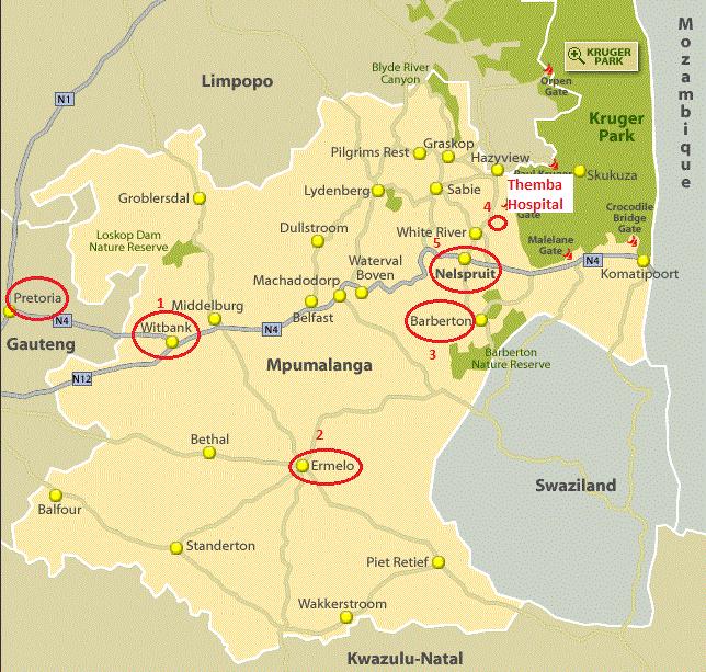 2: Mapa provincie Mpumalanga, červeně vyznačena místa