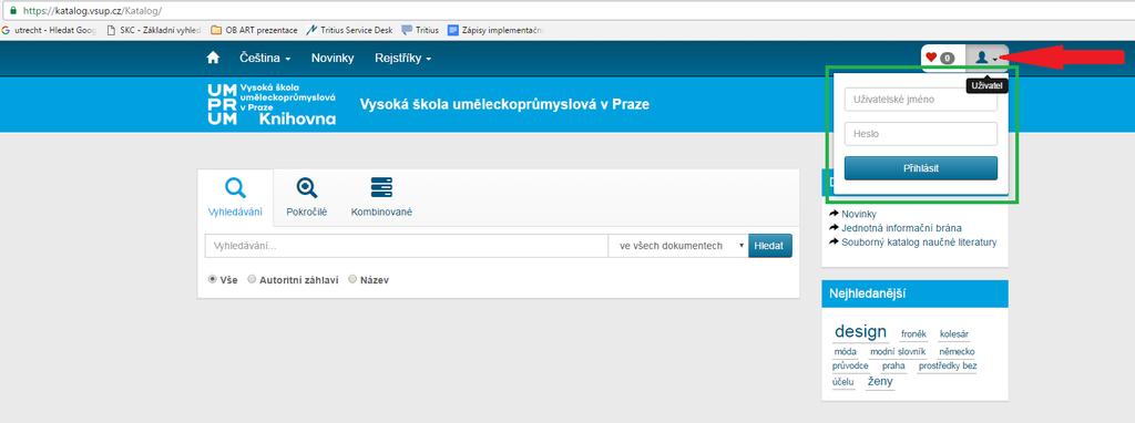5. Přihlášení do katalogu Kliknout vpravo nahoře na ikonku človíčka (viz ČERVENÁ ŠIPKA), aby se objevila pole pro