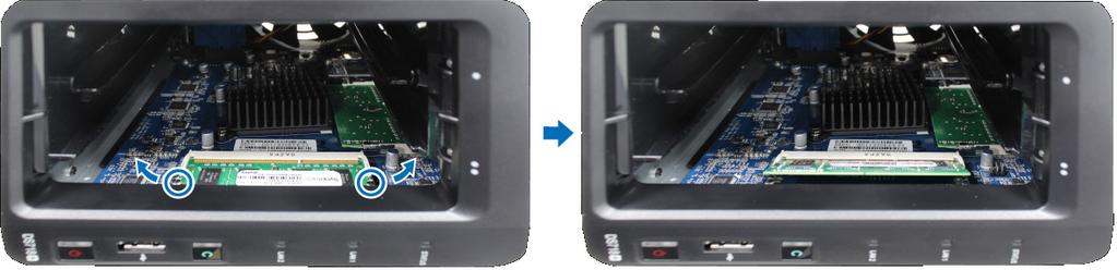 Odebrání paměťového modulu: 1 Vypněte zařízení DiskStation podle pokynů v krocích 1 a 2 části Instalace paměťového modulu, odpojte kabely a odstraňte dvě přihrádky na pevné disky.