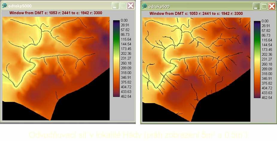 Odvodovací sí v lokalit Hády (práh zobrazení 5m 3 a 0.5m 3 ) Pi modifikaci souboru Odtok pirozeným logaritmem se minimálními hodnotami použité palety zobrazují rozvodnice.