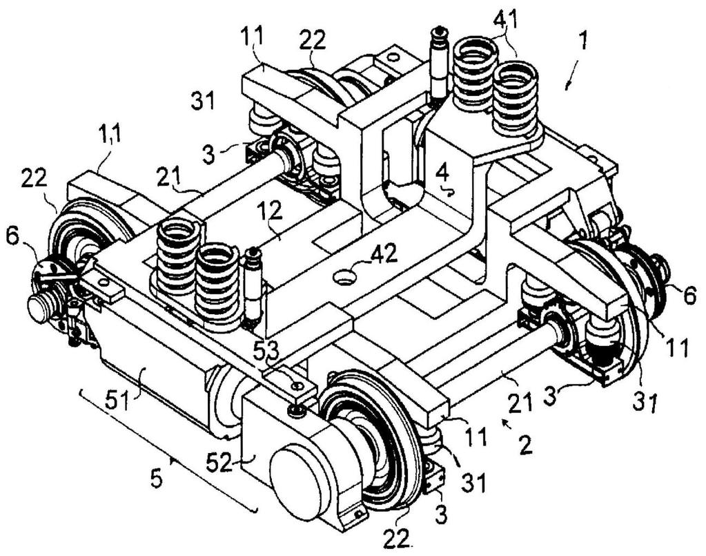 je spojena prostřednictvím dvojíce ojnic, které slouží k přenosu podélných sil. Motory (51), umístěné na vnější straně rámu podvozku, pohánějí dvojkolí přes kuželočelní převodovky (52). [3] Obr.