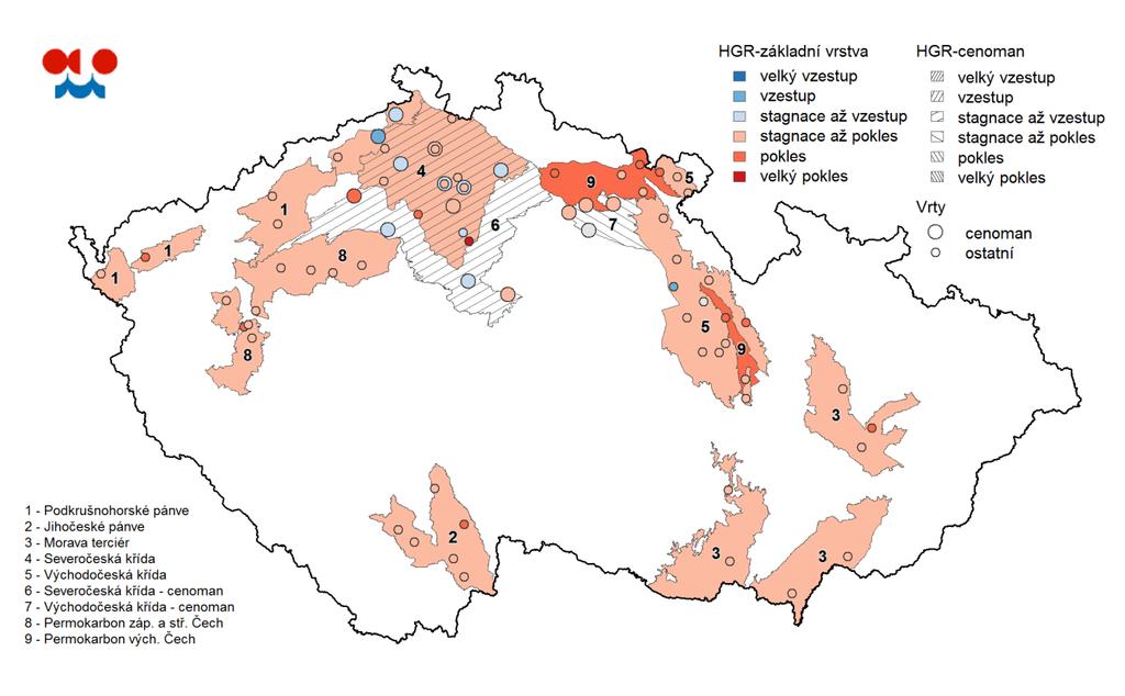 Mapa: Změna hladin v hlubokých vrtech v