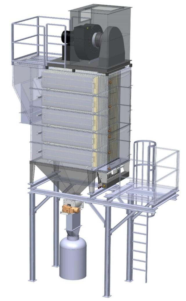 Predstavenie konštrukcie filtra ide iba o informatívny obrázok TECHNICKÝ LIST 1) Box ventilátora tlmiaci hluk 2) Odsávací ventilátor 3) Explozívne membrány (vo vyhotovení EX) 4) Telo filtračného